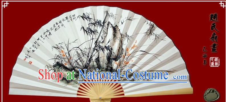 Chinese Hand Painted Large Decoration Fan by Zhao Qiaofa-Bamboo, Orchid and Stone