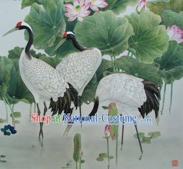 Chinese Classic Large Hand Carved Wood House Solid Decorative Painting-Cranes Group