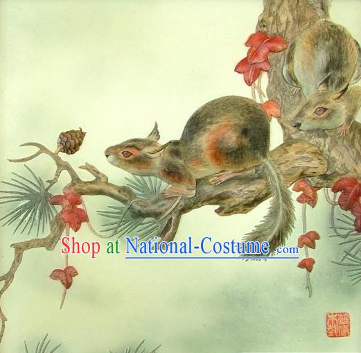 Chinese Classic Large Hand Carved Wood House Solid Decorative Painting-Squirrel