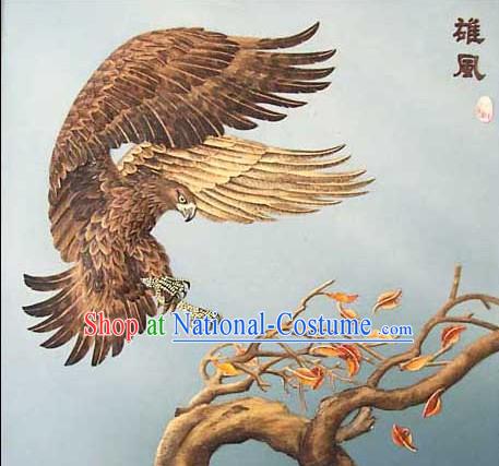 Chinese Classic Large Hand Carved Wood House Solid Decorative Painting-Hawk Landing