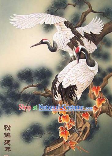 Chinese Classic Hand Carved Wood House Solid Decorative Painting-Cranes