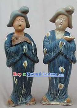 Chinese Tang San Cai Statue-Tang Dynasty Fat Ladies Holding Dogs and Baby_2 Pieces Set_