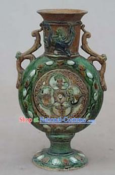 Chinese Classic Archaized Tang San Cai Statue-Twin Phoenix Shaped Handle Flat Jar