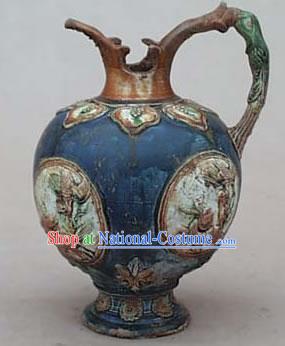 Chinese Classic Archaized Tang San Cai Statue-Lotus Kylin Kettle