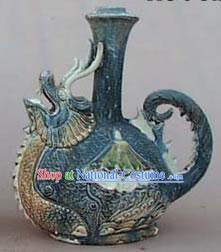 Chinese Classic Archaized Tang San Cai Statue-Dragon and Phoenix Kettle Pair