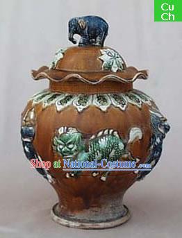 Chinese Classic Archaized Tang San Cai Statue-Elephant Shaped Knob Kylin Lidded Pot