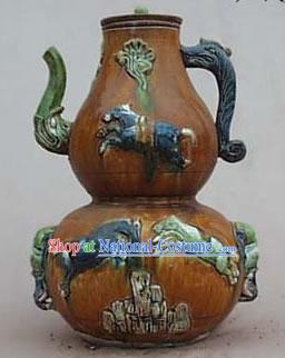 Chinese Classic Archaized Tang San Cai Statue-Six Horses Calabash Shaped Pot