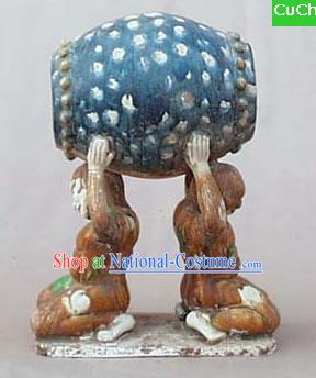 Chinese Classic Archaized Tang San Cai Statue-Men Holding up Drum