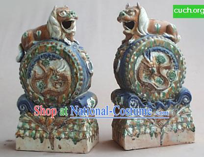 Chinese Classic Archaized Tang San Cai Statue-Pair of Foo Dog Frusta