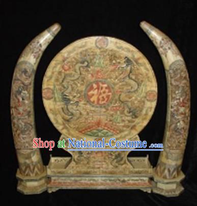 Chinese Classic Ox Bone Handicraft Sculpture Statue-Five Dragons Folding Screen