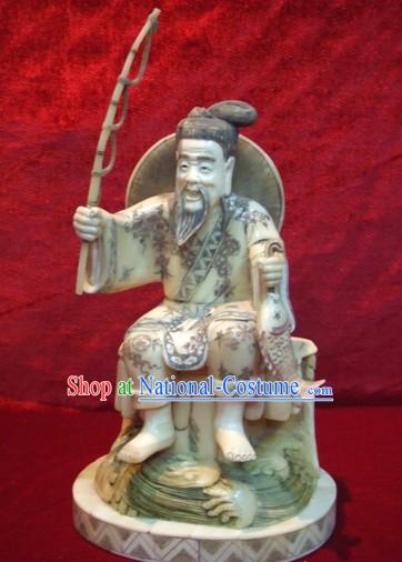 Chinese Classic Ox Bone Handicraft Sculpture Statue-Ancient Old Fishing Man