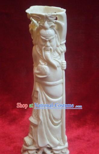 Chinese Classic Ox Bone Handicraft Sculpture Pencial Vase-Guan Gong