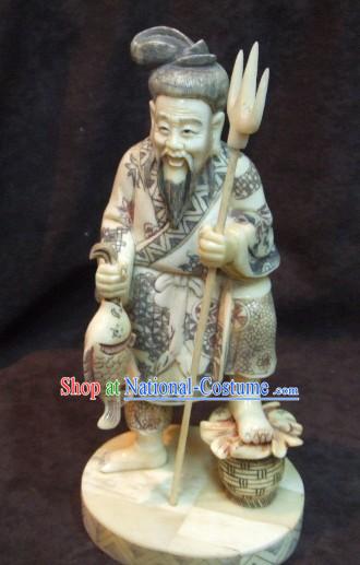 Chinese Classic Ox Bone Handicraft Sculpture Statue-Fishing Man