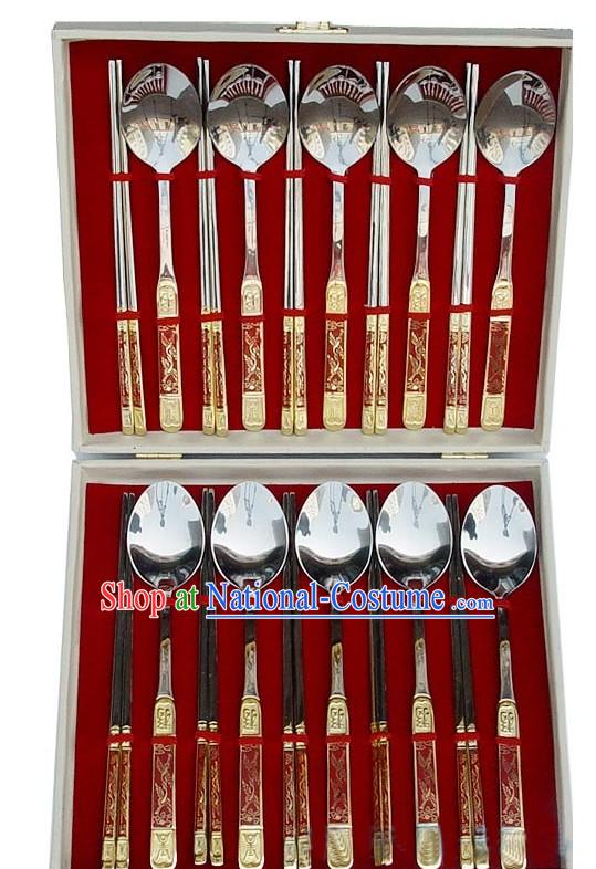 Chinese Classic Red Cloisonne Dishware-20 Pieces Scoops and Chopsticks Set