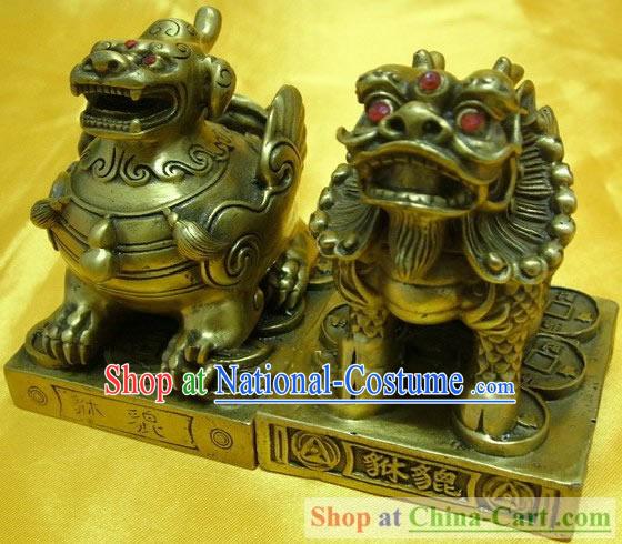 Chinese Classic Brass Statue-Doule Horn Pi Qiu and Single Horn Pi Qiu Set