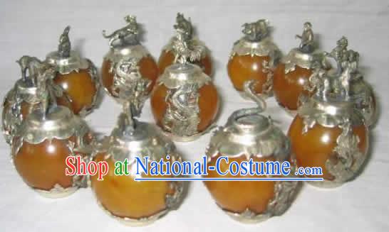 Chinese Classic Palace Silver Amber Sheng Xiao Twelve Animals