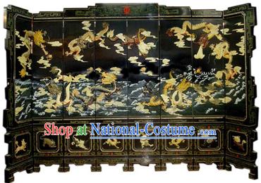 Chinese Hand Made Lacquer Ware Screen-Nine Dragons Legend