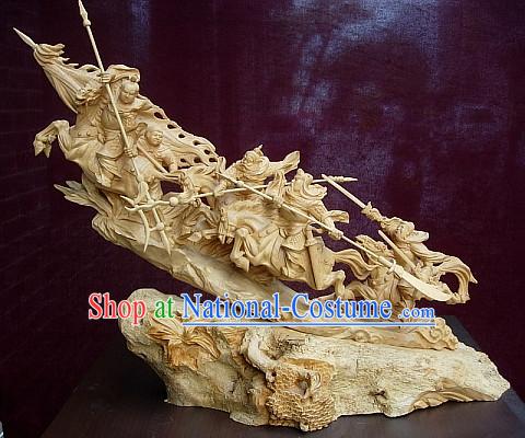 Chinese Hand Carved Sculpture-Three Heroes Fighting with Lu Bu
