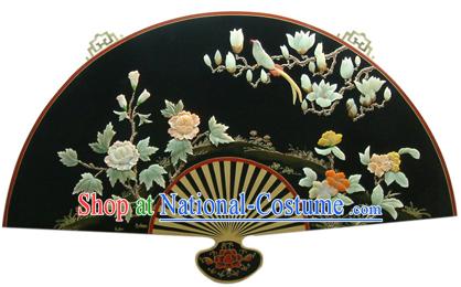 Chinese Palace Hanging Lacquer Ware Large Mirror Fan-Peony and Bird