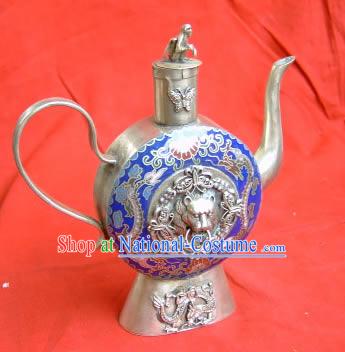 Chinese Palace Silver Cloisonne Lion King Head Kettle