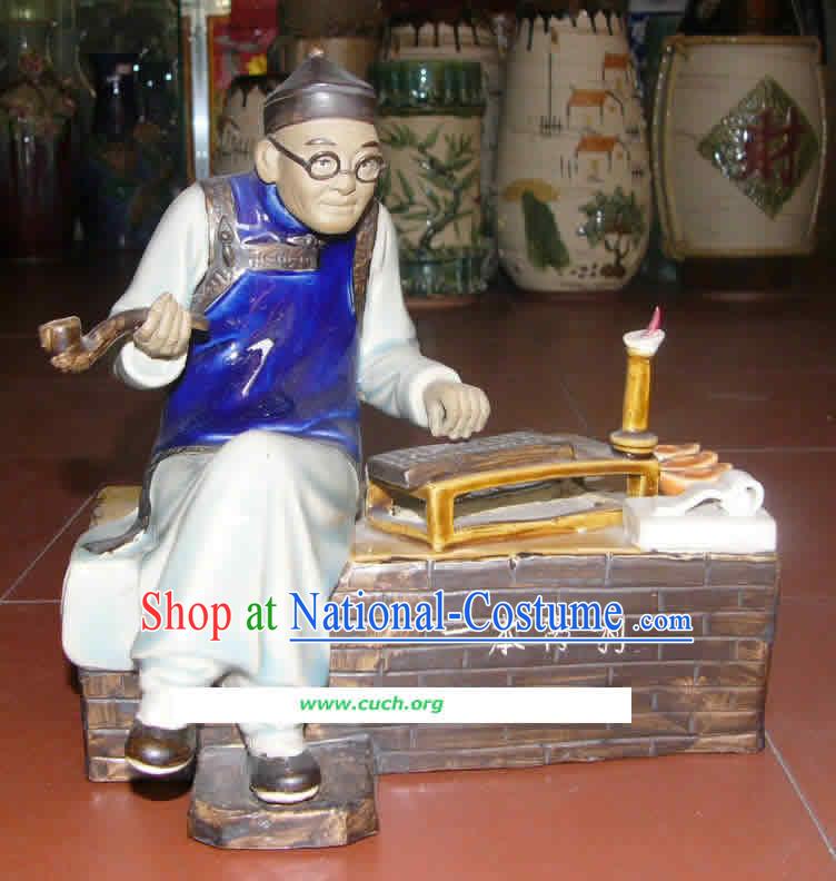 Hand Made Shi Wan Ceramics Statue-Ancient Landowner Doing Accounts