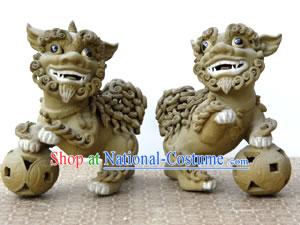 Hand Made Foshan Artistic Ceramics-Dancing Lion Pair