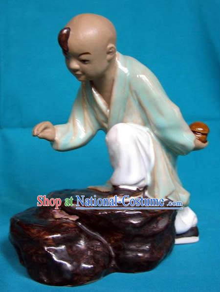 Chinese Hand Made Shi Wan Ceramics-Child Catching Cricket