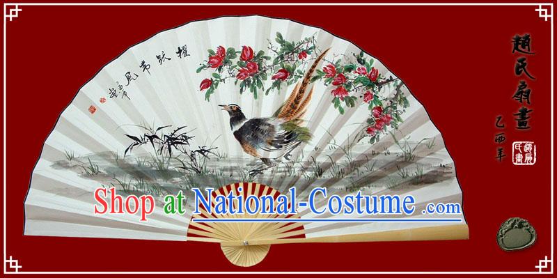 Chinese Hand Painted Large Decoration Fan by Zhao Qiaofa-Brave Sparrow Spirit