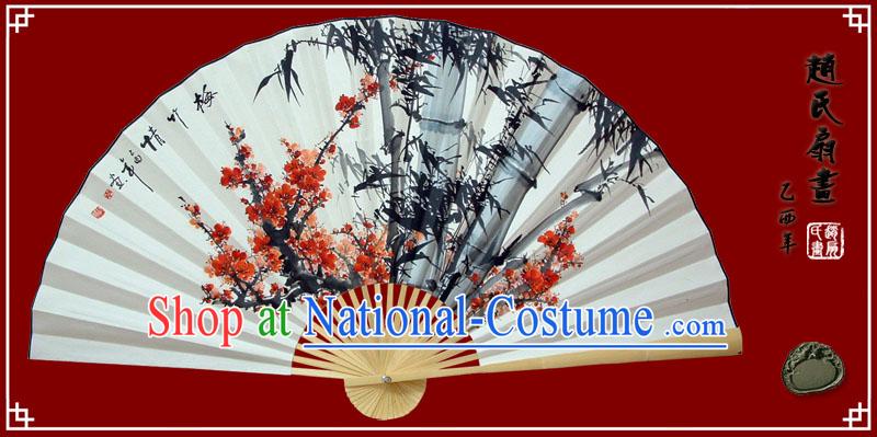 Chinese Hand Painted Large Decoration Fan by Zhao Qiaofa-Plum and Bamboo Love