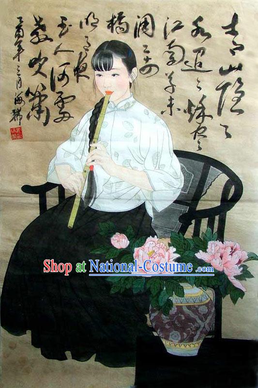 Chinese Traditional Painting-Beauty Playing Flute