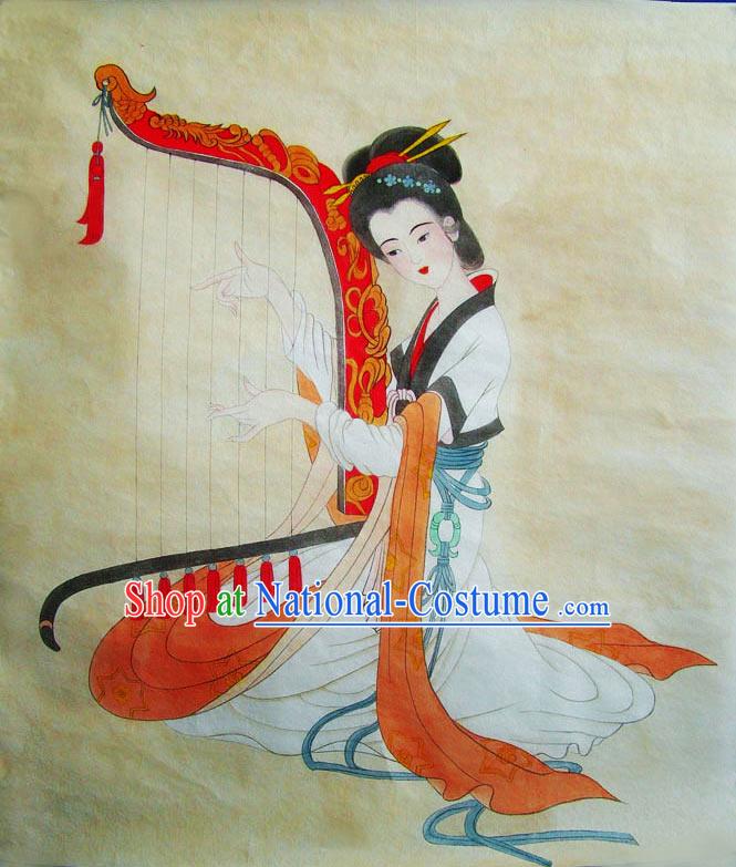 Chinese Traditional Painting-Tang Dynasty Harp Maid