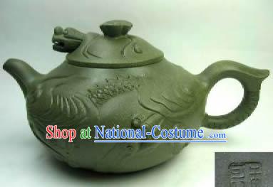 Chinese Hand Made Green Clay Teapot-Fish and Dragon