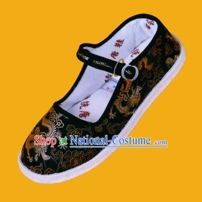 Chinese Hand Made Folk Dragon Black Cloth Shoes for Man