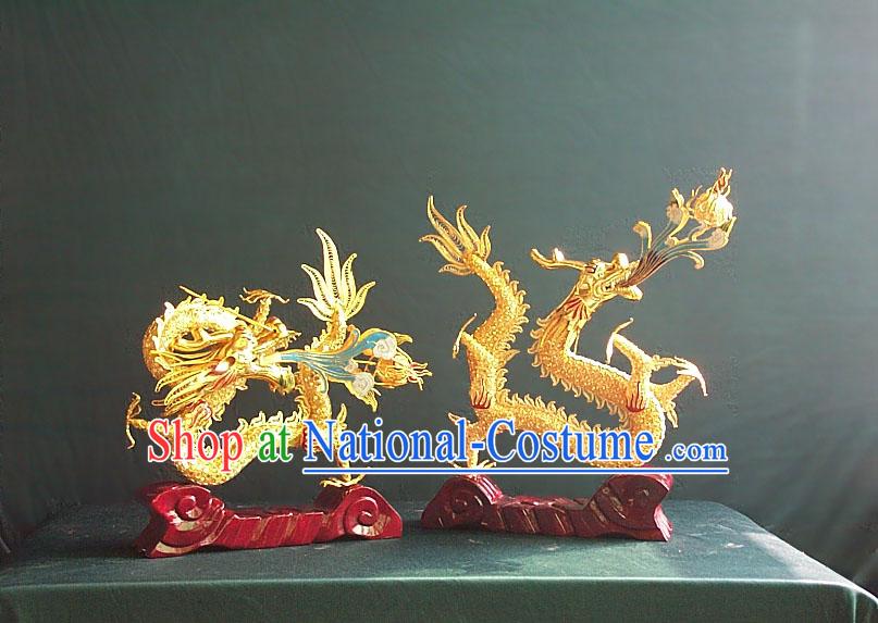 Chinese Gold Brass Cloisonne Lucky Dragon Pair