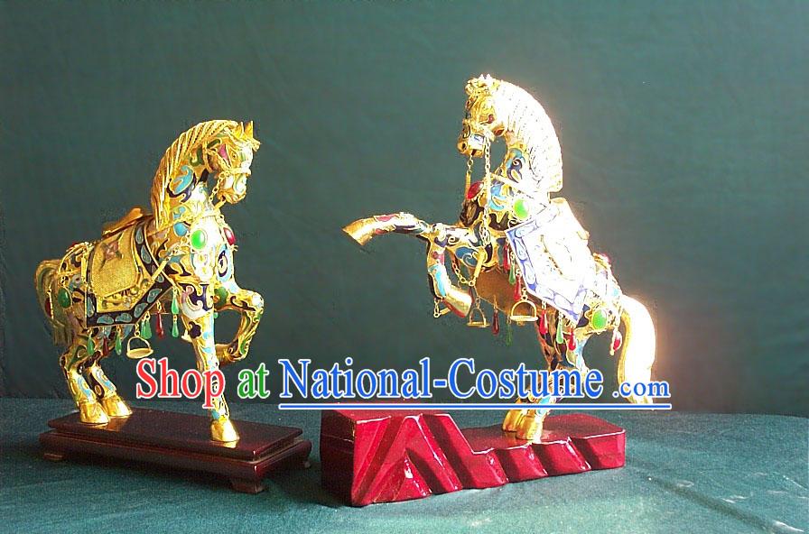 Chinese Classic Gold Brass Cloisonne Horse Pair