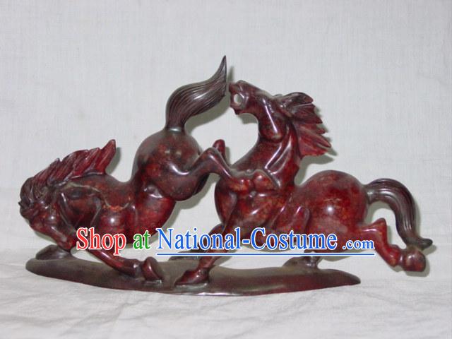 Chinese Rare Chicken Blood Jade Horse Couple Sculpture