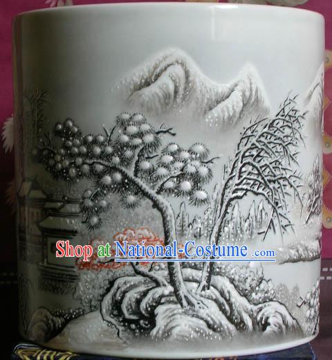 Chinese Large Jingde Town Ceramics Landscape Snow Scape Brush Pot