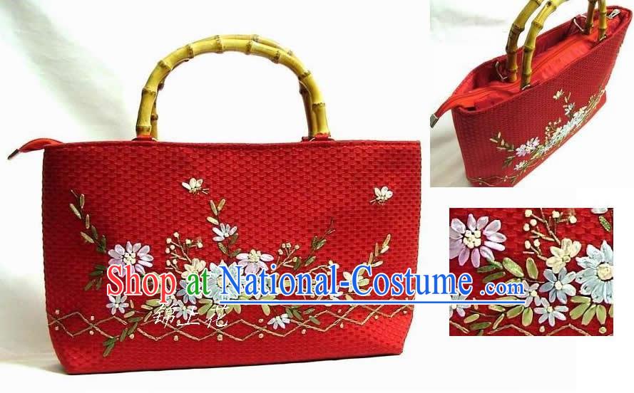 Chinese Hand Embroidery Rectangle Bamboo Handle Bag for Woman