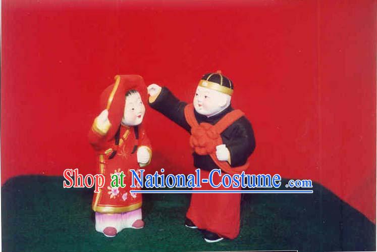 Chinese Hand Painted Sculpture Art of Clay Figurine Zhang-Getting Married Bride and Bridegroom