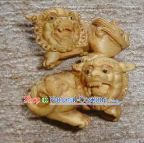 Chinese Vivid Handmade Wood Sculpture-Lion Pair