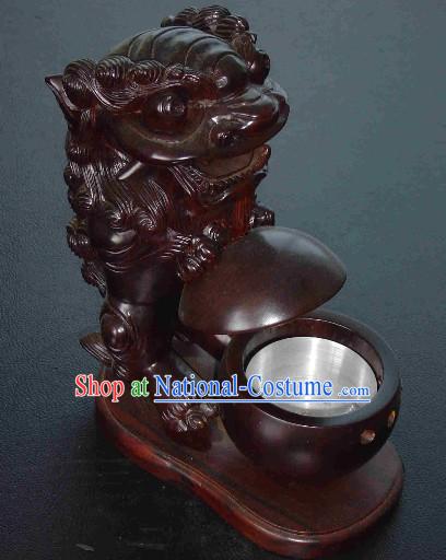 Chinese Classic Hand Carved Lion Playing Ball Wood Ashtray