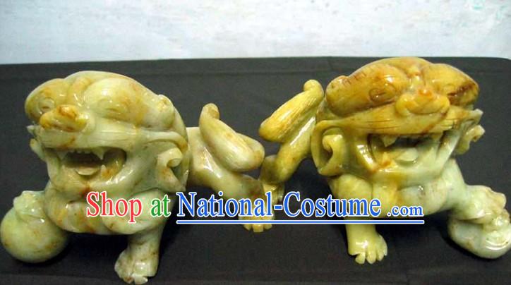 Chinese Classic Hand Carved Jade Lion King Pair