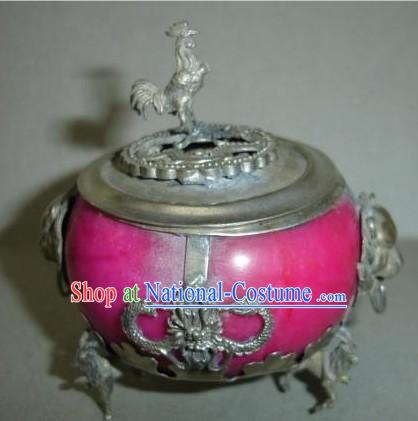 Chinese Pink Palace Style Silver and Jade Censer