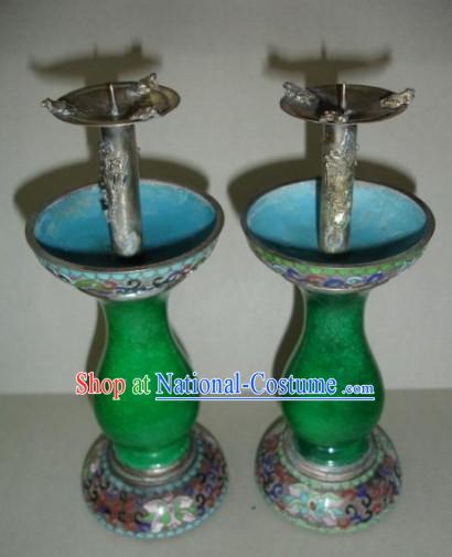 A Pair of Chinese Ancient Palace Green Jade Cloisonne Candleholder