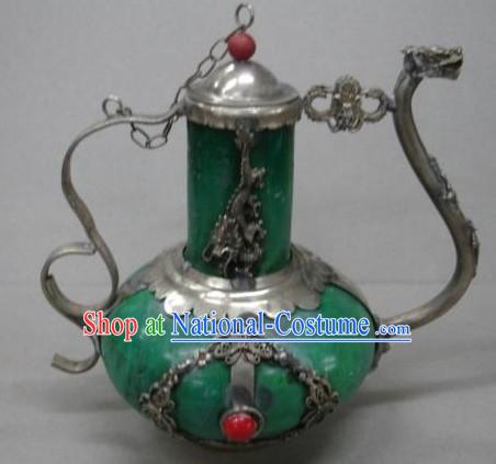 Chinese Ancient Palace Style Green Jade and Silver Kettle