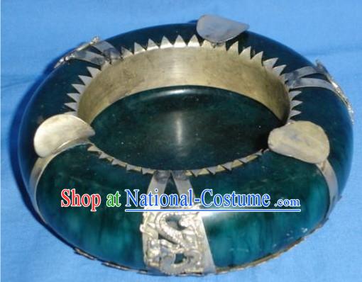 Chinese Ancient Style Green Jade and Silver Ashtray