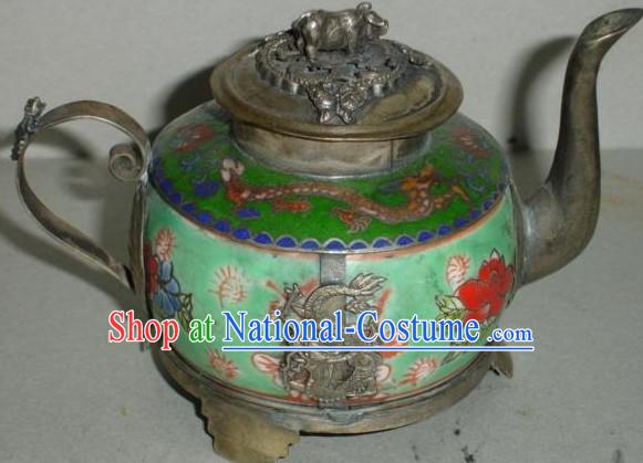 Chinese Classic Dragon Jade and Silver Kettle