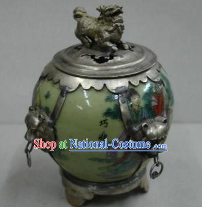 Chinese Qiao Niang Jade and Silver Censer