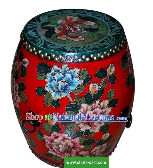 Chinese Coloured Drawing Riches and Honours Peony Tang Gu_Drum_