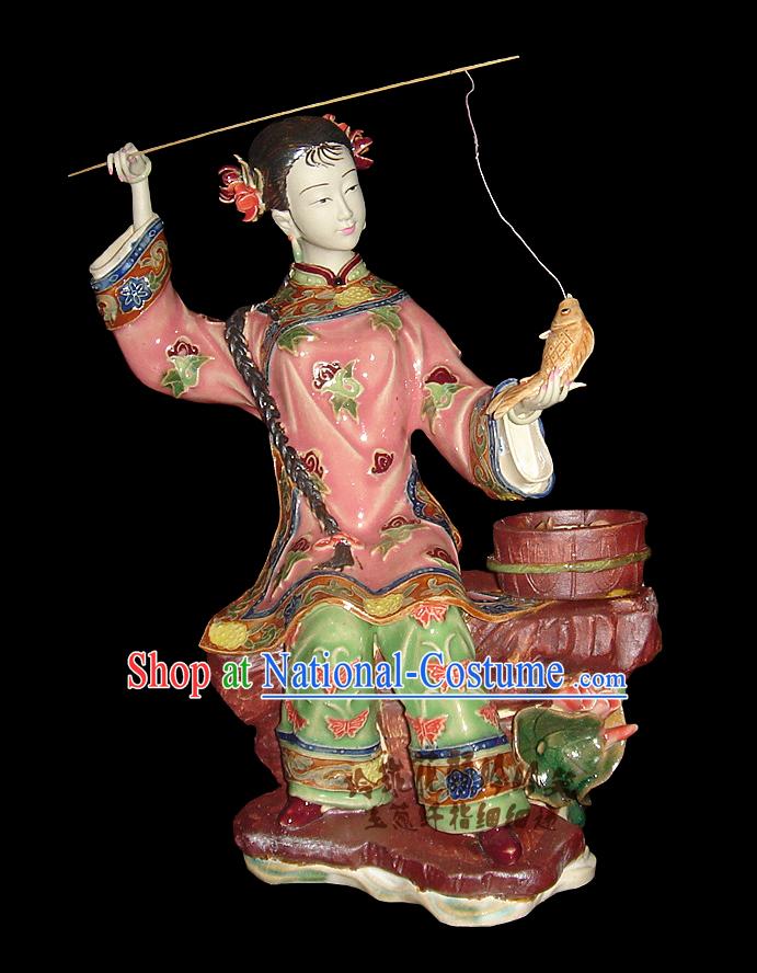 Chinese Stunning Porcelain Collectibles-Ancient Fishing Woman